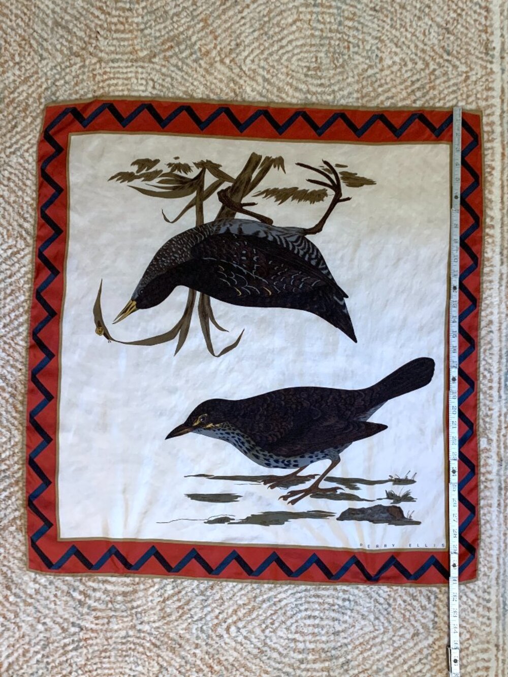 Vintage Perry Ellis Silk Scarf 31” Square Rolled Hem Bird Design - Picture 10 of 10